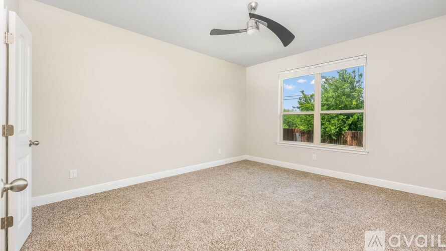 A room with a carpeted floor, a ceiling fan, and a window showing trees outside.