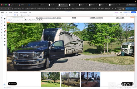 A webpage displays a black pickup truck and a white RV with the title "WILKES COUNTY FREE WIFI SITES" at the top.