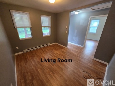 A living room with wooden flooring and two windows.