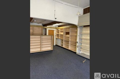 A room with shelves and a hanging light fixture.