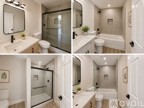 A series of four images showing a modern bathroom with a walk-in shower, double sinks, and a bathtub.
