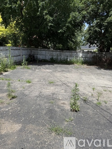 A backyard with a fence and trees.