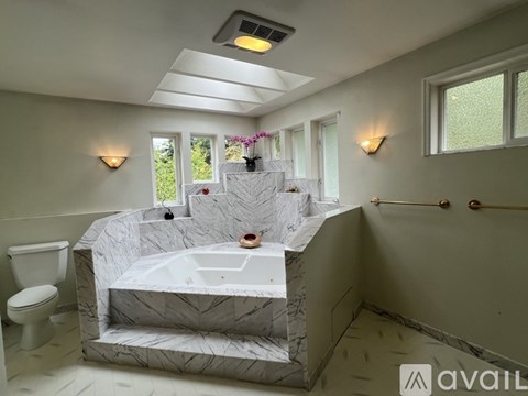 A bathroom with a marble tub and toilet.