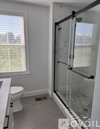 A white toilet sits next to a walk-in shower with a glass door.
