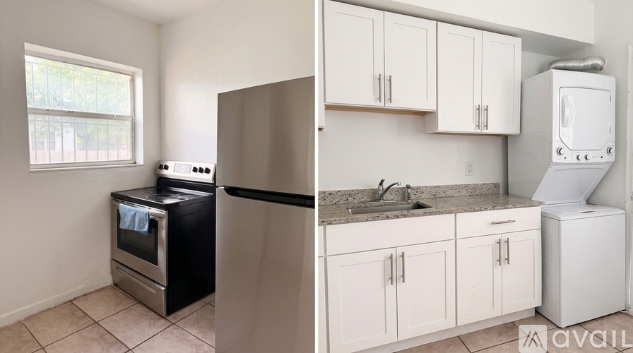 A kitchen with a black fridge and a white fridge.