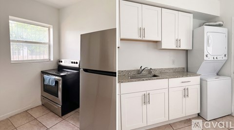 A kitchen with a black fridge and a white fridge.