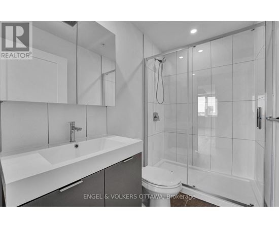 A modern bathroom with a white sink and a walk-in shower.