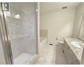 A white bathroom with a walk in shower and a toilet.