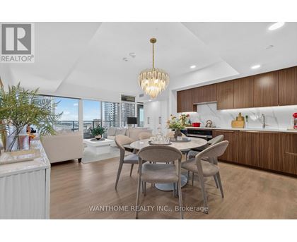 A modern dining room with a large table and chairs.