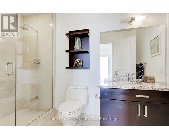 A bathroom with a toilet, a shower, and a vanity.