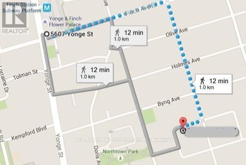 A map with a blue dotted line and a red pin.
