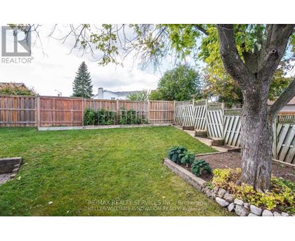 A backyard with a fence, a tree, and a small garden.