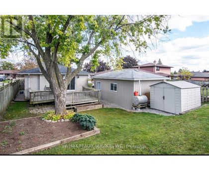 A backyard with a tree, a shed, and a wooden deck.