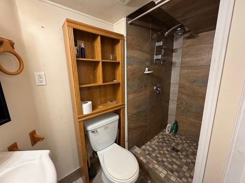 A bathroom with a toilet and a wooden shelf.
