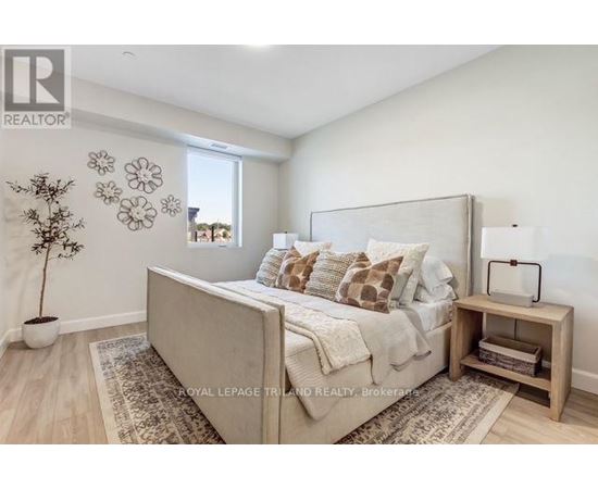 A bedroom with a large bed, a nightstand, and a plant.