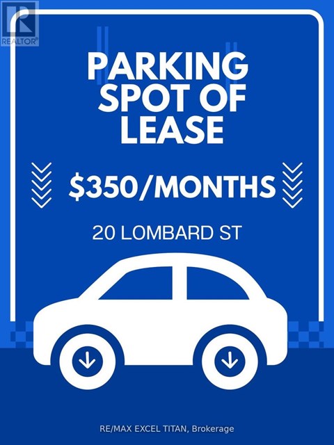 A blue parking spot lease sign for $350 per month at 20 Lombard St.