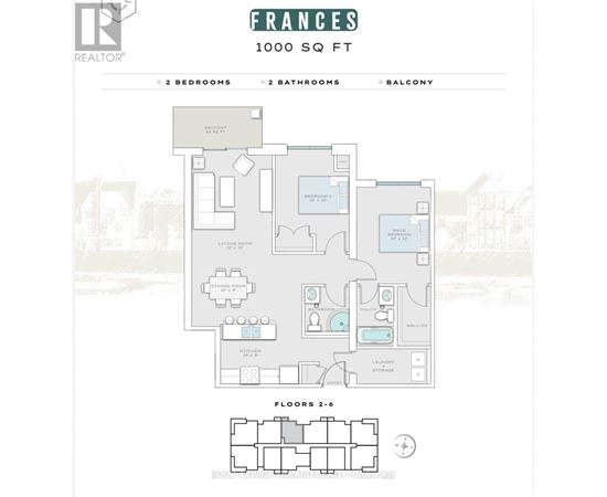 A floor plan for a 1000 square foot property with two bedrooms, two bathrooms, and a balcony.