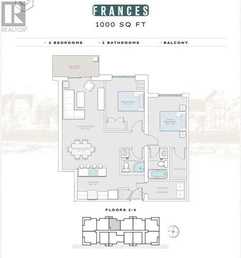 A floor plan for a 1000 square foot property with two bedrooms, two bathrooms, and a balcony.