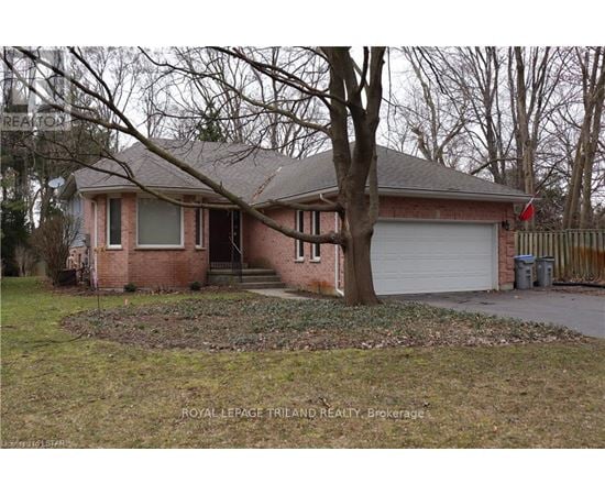 A house with a garage and a tree in front.