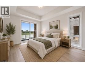A bedroom with a large bed, a window with a view, and a wooden nightstand.