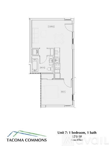 A floor plan for a 573 square foot unit with one bedroom and one bath.