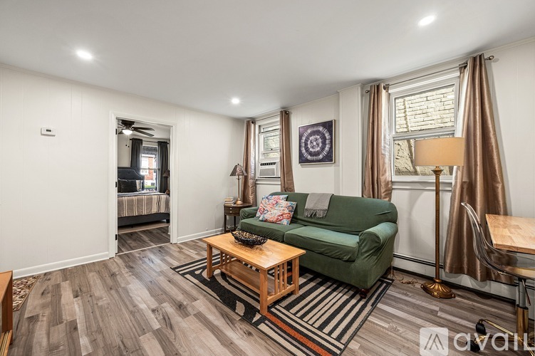 A living room with a green couch, wooden coffee table, and striped rug.