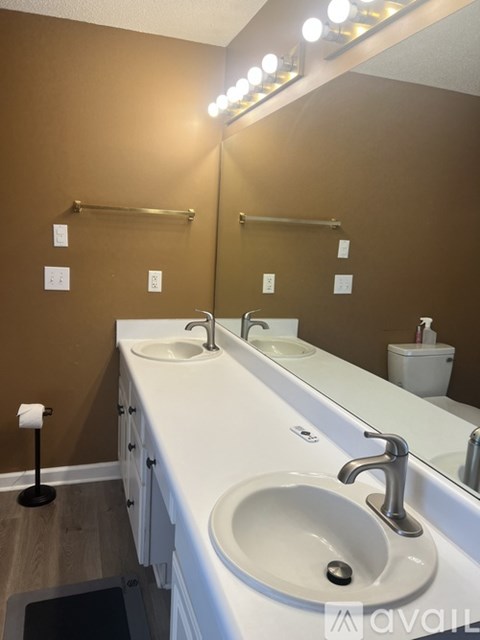 A bathroom with two sinks and a mirror.