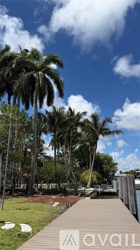 A wooden walkway leads through a tropical landscape with palm trees.
