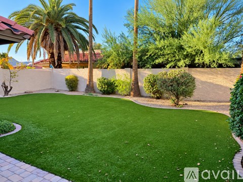 A well-manicured lawn with a curved walkway and a variety of plants and trees.