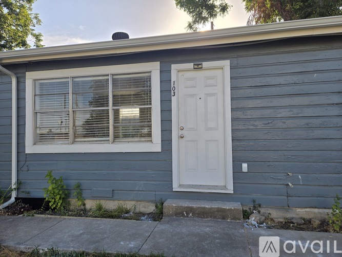 A blue house with a white door and window.