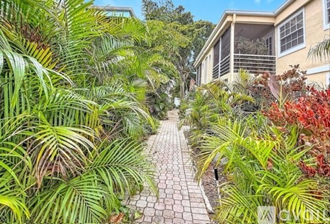 A pathway surrounded by green plants leads to a house.