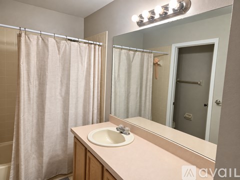 A bathroom with a sink, mirror, and shower curtain.