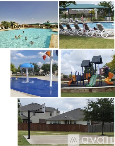 A collage of outdoor recreational facilities including a pool, water slide, and playground.