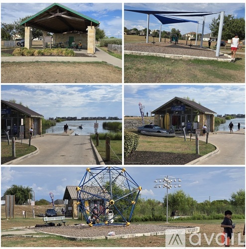 A series of four images depicting a park with a pavilion, a lake, a playground, and a person standing in front of a geometric structure.