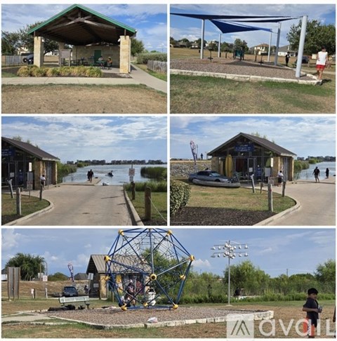A series of four images depicting a park with a pavilion, a lake, a playground, and a person standing in front of a geometric structure.