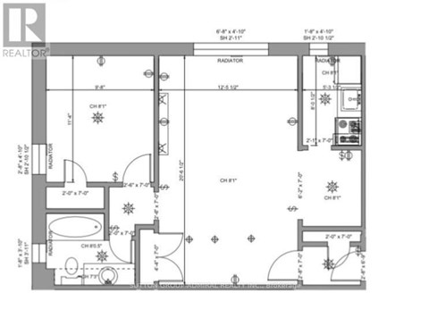 A floor plan of a house with a kitchen, living room, and bathrooms.