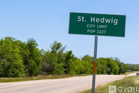 A green sign on the side of a road that says St. Hedwig and the population of the city limit is 2227.
