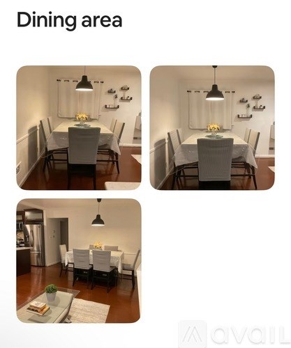 A dining area with a table set for four.