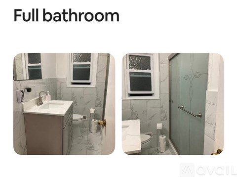 A full bathroom with a toilet, sink, and shower.