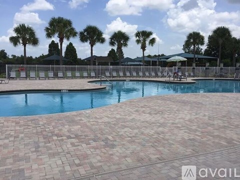 A pool surrounded by palm trees and a brick patio.