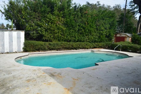 A pool surrounded by a concrete patio and greenery.