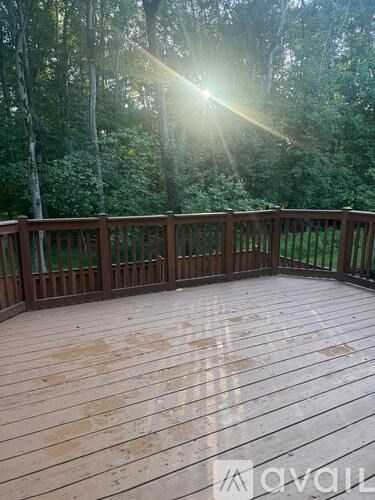 A wooden deck with sunlight shining through the trees.
