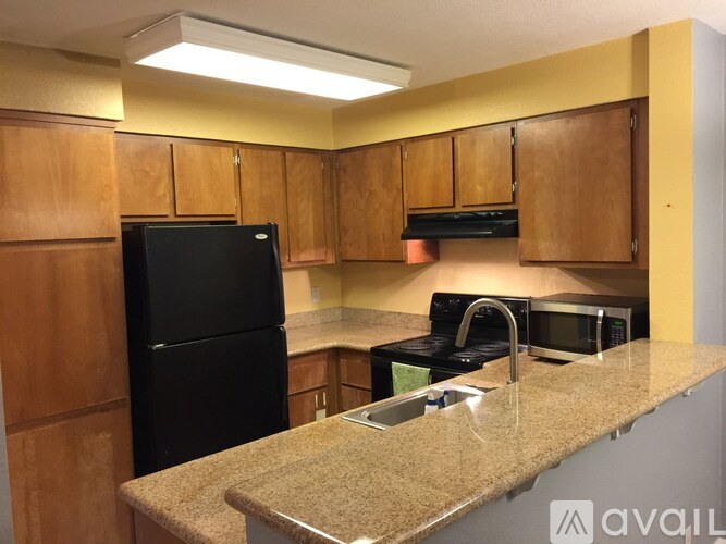 A kitchen with a black refrigerator and wooden cabinets.