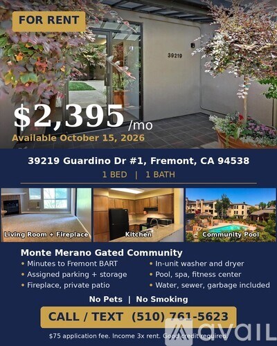 A rental advertisement for a one-bedroom, one-bathroom apartment in Fremont, CA for $2,395 per month.
