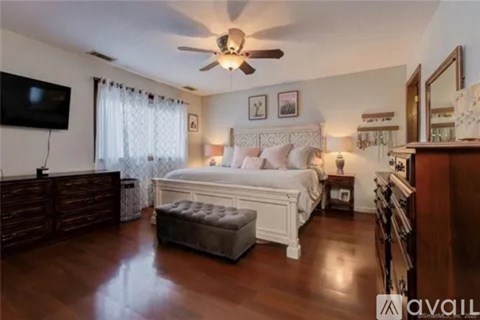 A bedroom with a large bed, a ceiling fan, and a television.