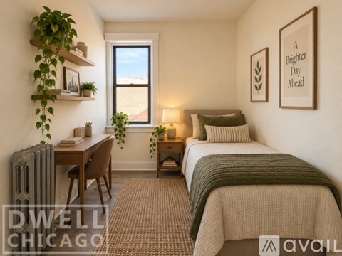 A cozy bedroom with a bed, desk, and window.