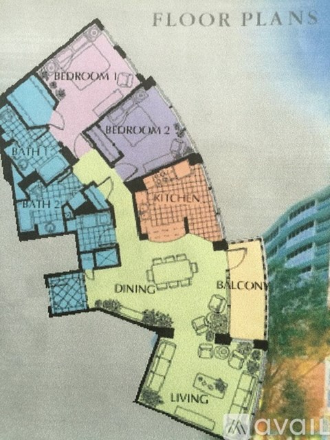 A floor plan shows the layout of a house with labeled rooms such as Bedroom 1, Bathroom 2, Kitchen, Dining, Living, and Balcony.