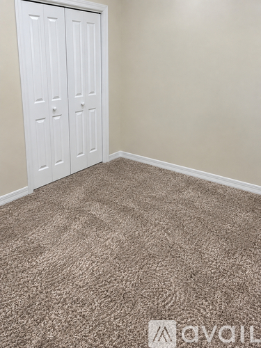 A room with a carpeted floor and a white door.