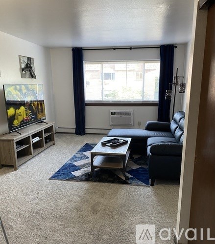 A living room with a blue couch and a television.