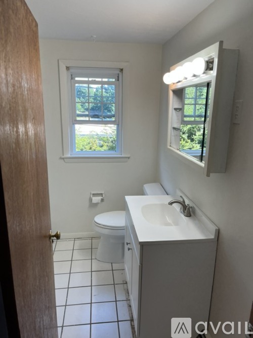 A bathroom with a toilet, sink and window.